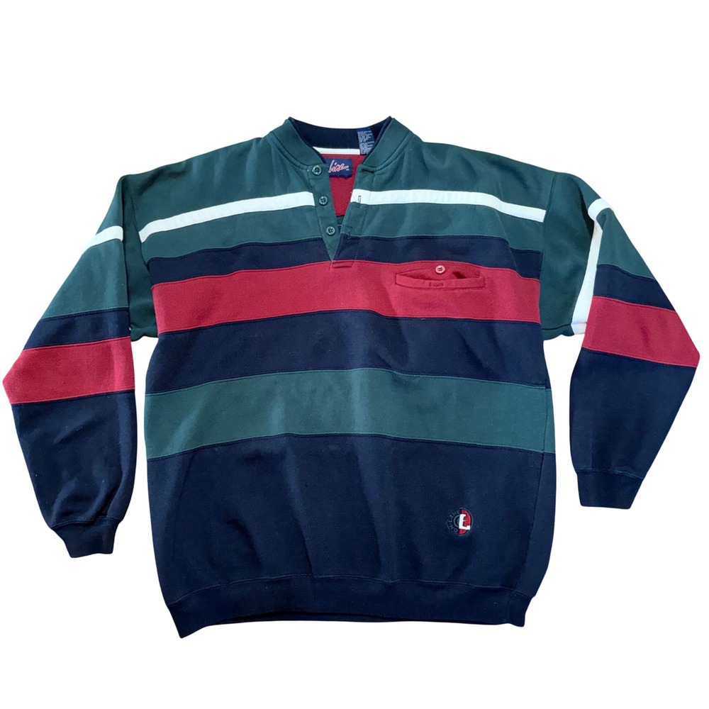 Vintage On Line Rugby Henley Sweatshirt Striped Green Navy Mens Large Pullover